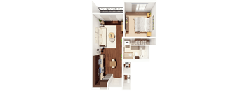 A floor plan of a small apartment with a kitchen, living room, and bedroom.