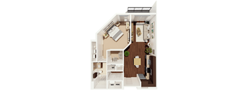 A floor plan of a small apartment with a kitchen, living room, and bathroom.