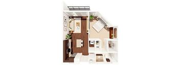 A floor plan of a small apartment with a kitchen, living room, and bathroom.