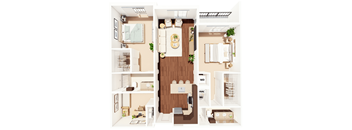 A floor plan of a house with a kitchen, living room, and two bedrooms.