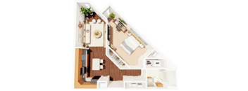 A floor plan of a house with a kitchen, living room, and bathroom.