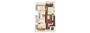A floor plan of a house with a living room, kitchen, and two bedrooms.
