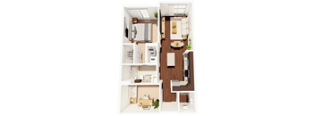 A floor plan of a small apartment with a kitchen, living room, and bedroom.