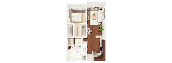 A floor plan of a small apartment with a kitchen, living room, and bathroom.