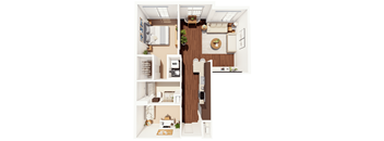 A top-down view of a well-organized apartment with a kitchen, living room, and bedroom.