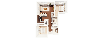 A floor plan of a house with a kitchen, living room, and bathrooms.