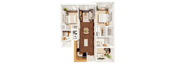 A top-down view of a small apartment layout with a kitchen, living room, and bathroom.