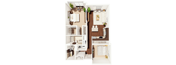 A floor plan of a small apartment with a kitchen, living room, and bathroom.