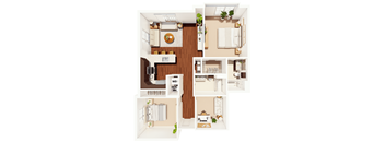 A floor plan of a house with a kitchen, living room, and two bedrooms.