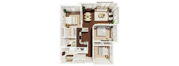 A floor plan of a two-bedroom apartment with a living room, kitchen, and bathroom.