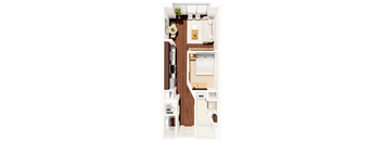 A floor plan of a small apartment with a kitchen, living room, and bedroom.