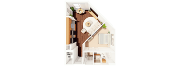 A floor plan of a kitchen with a dining table and chairs.