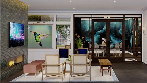 A living room with a fireplace and a painting of a hummingbird.