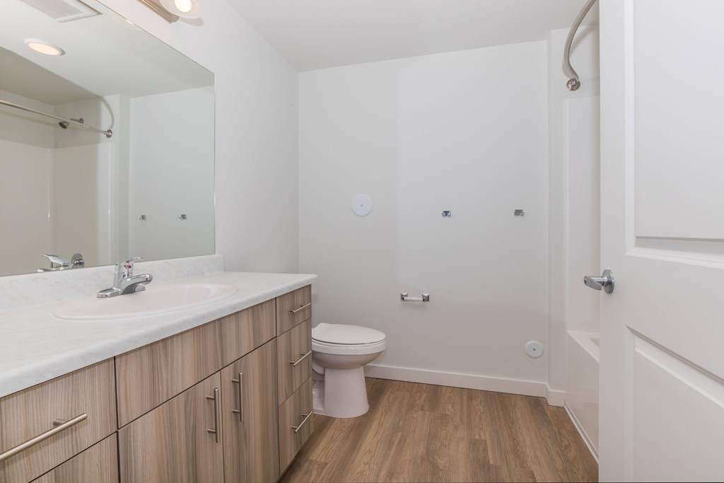 A white bathroom with wooden floors and a white toilet.