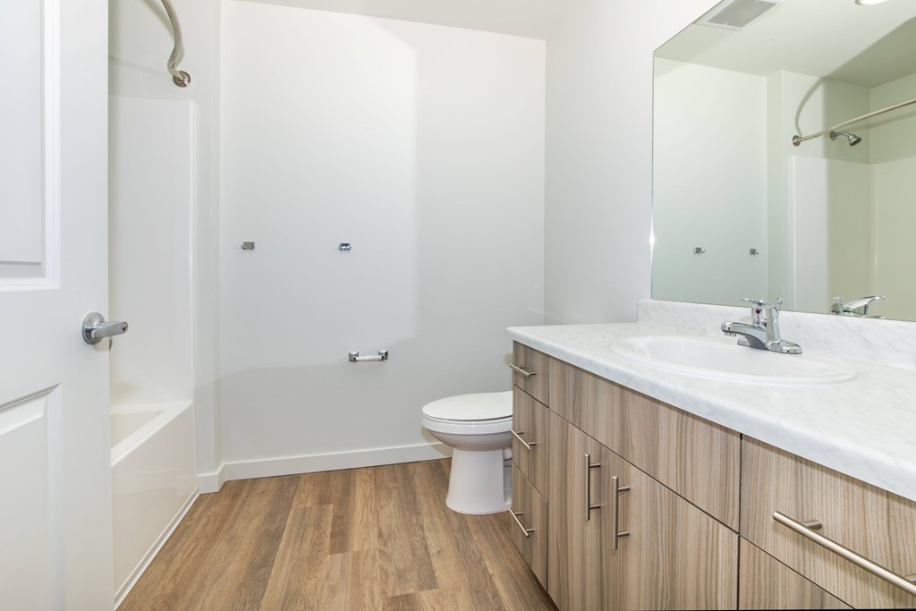 A white bathroom with wood flooring and a white toilet.