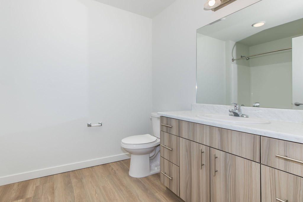 A white toilet sits in a bathroom with wooden floors and a white sink.