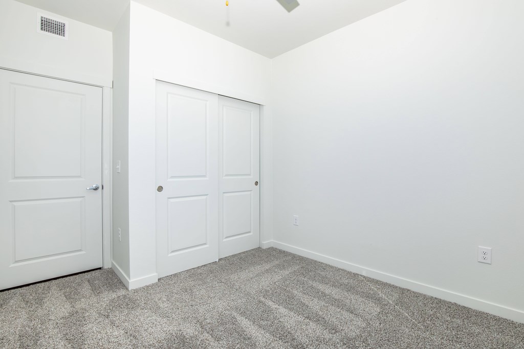 A room with two white doors and a carpeted floor.