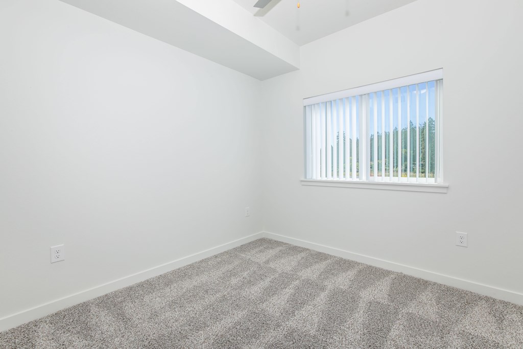 A room with a carpeted floor and a window with blinds.
