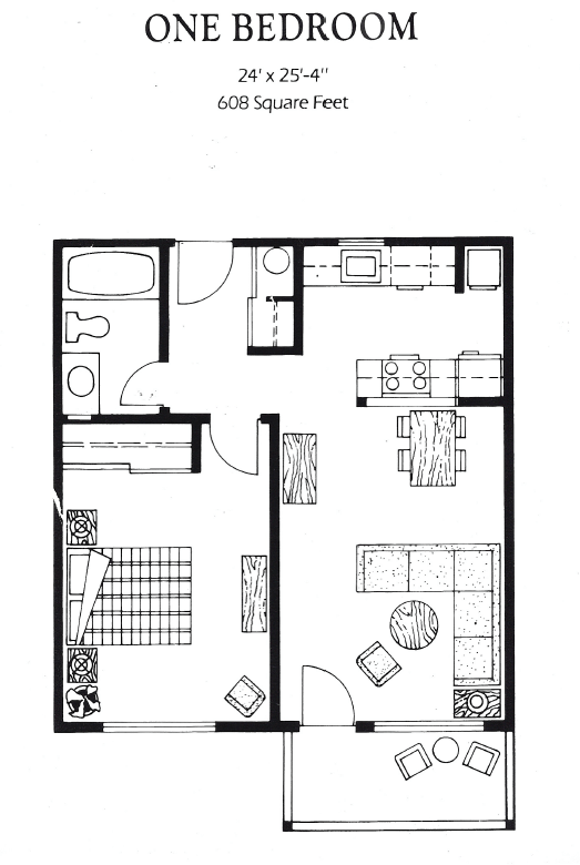 A black and white image of a one bedroom apartment floor plan.