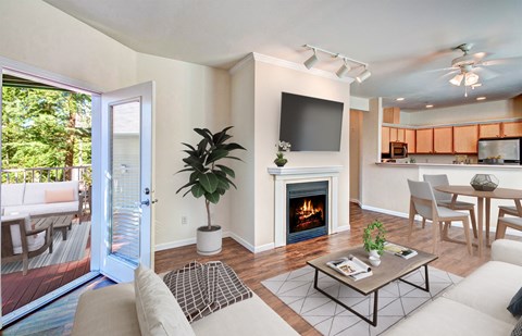 A living room with a fireplace and a television.