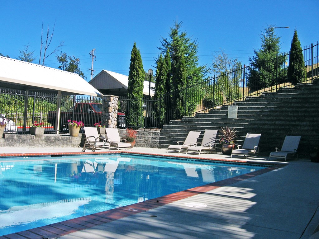 A pool with a red and blue border and white lounge chairs.