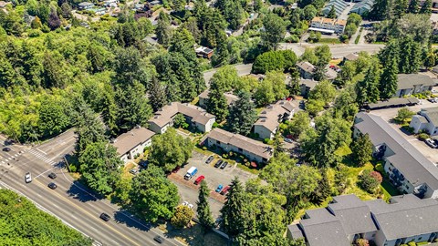 A bird's eye view of a residential area with houses and trees.