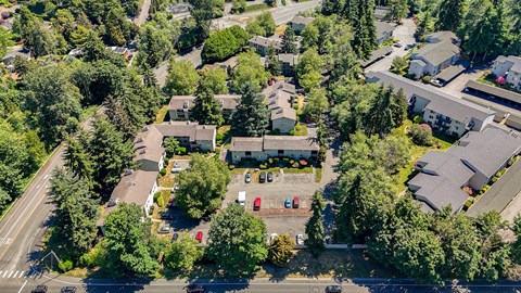 A bird's eye view of a residential area with houses and trees.