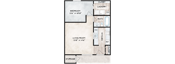 A floor plan of a small apartment with a bedroom, living room, kitchen, and storage.