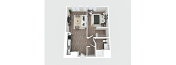 A top down view of a small apartment with a kitchen, living room and bathroom.