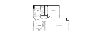 A floor plan of a house with a living room, dining room, kitchen, and bedroom.
