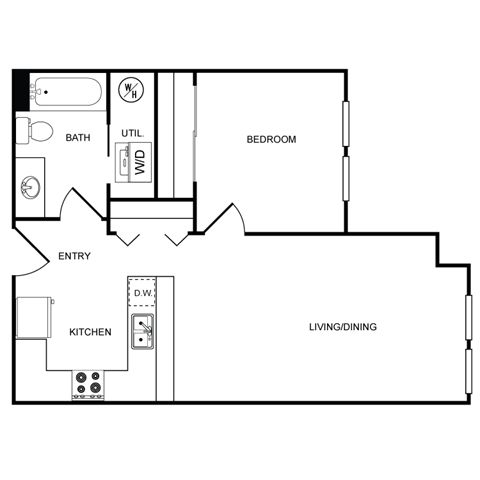 A floor plan of a house with a living room, dining room, kitchen, and bedroom.