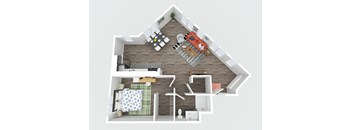 A 3D rendered image of a house layout with a kitchen, living room, and bathroom.