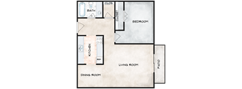 A floor plan of a house with a living room, dining room, kitchen, bedroom, and bathroom.