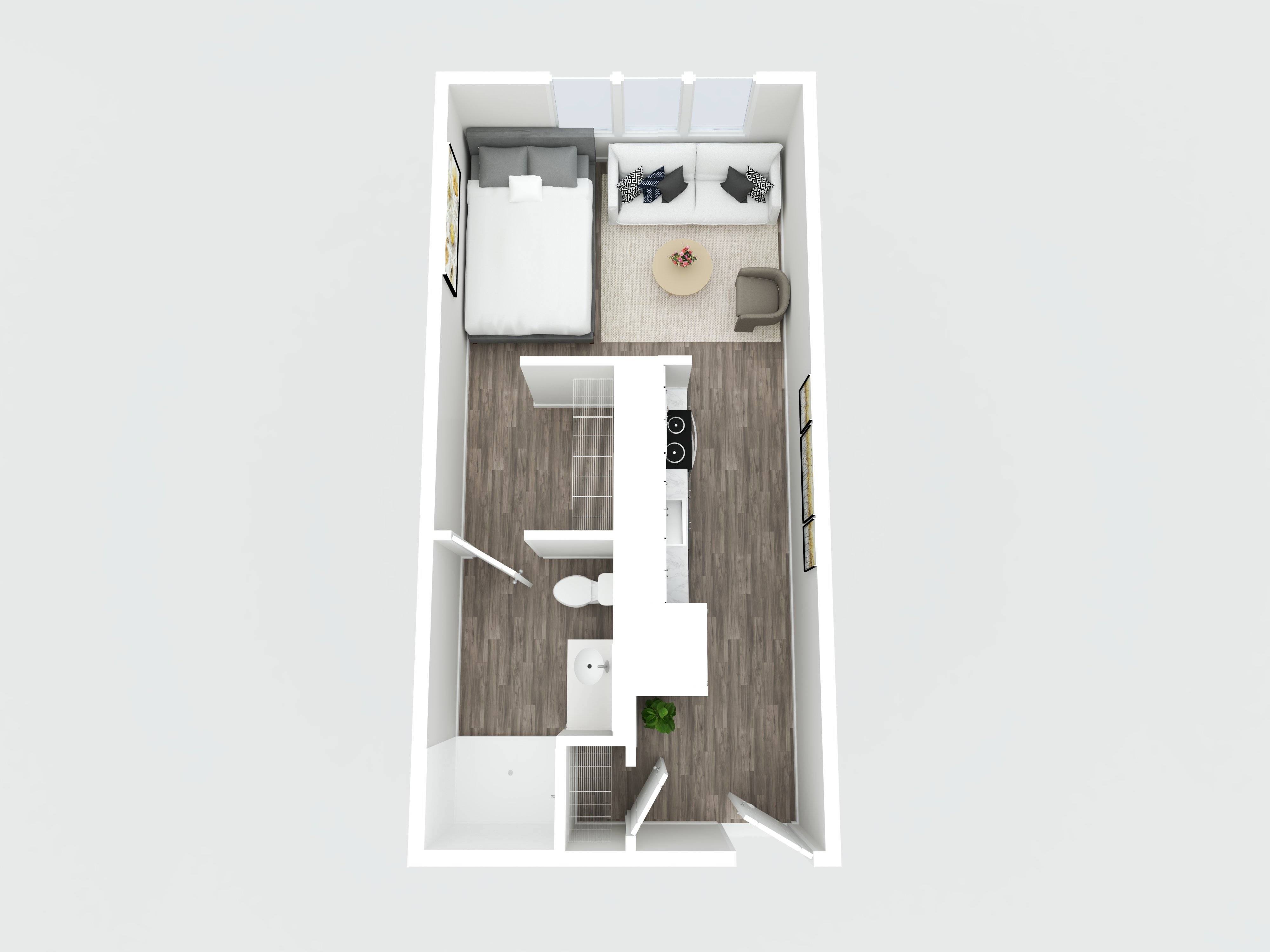 A white and wood floor plan of a small apartment.