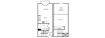 A floor plan of a small apartment with a kitchen, bathroom, living/dining area, and bedroom.