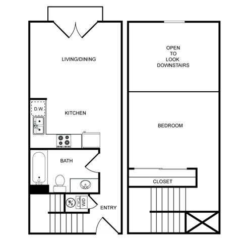 A floor plan of a small apartment with a kitchen, bathroom, living/dining area, and bedroom.