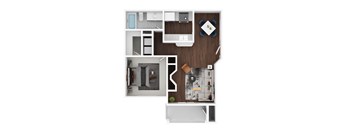 A floor plan of a house with a kitchen, living room, and two bedrooms.