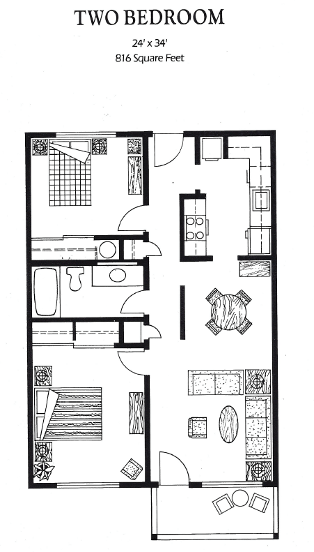 A black and white floor plan of a two bedroom apartment.