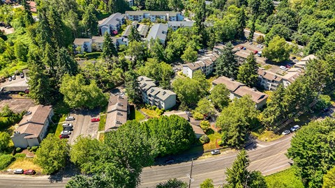 A bird's eye view of a residential area with houses and trees.