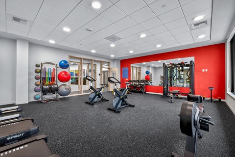A gym with a variety of equipment including weights, a treadmill, and a stationary bike.