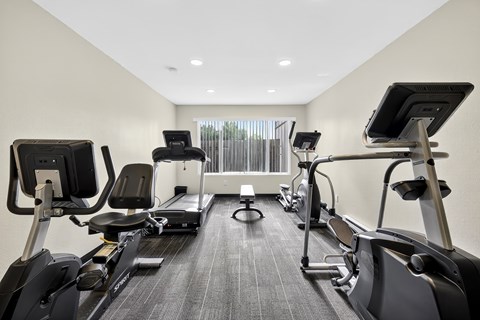 A spacious gym with treadmills and elliptical machines.