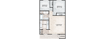 A floor plan of a small apartment with two bedrooms, a living room, a kitchen, a bathroom, a closet, and storage.
