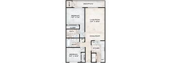 A floor plan of a small apartment with a kitchen, two bathrooms, and two bedrooms.