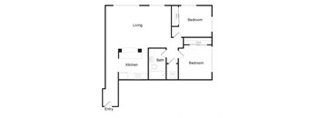 A floor plan of a home with a living room, kitchen, bathroom, and two bedrooms.