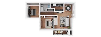 A top-down view of a modern apartment layout.