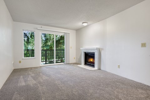 A room with a fireplace and sliding glass doors.