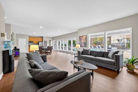 A living room with a grey couch and a black speaker.