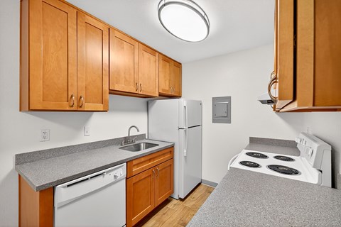 A kitchen with a stove top oven and a refrigerator.