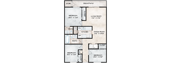 A floor plan of a house with a deck/patio and a bathroom.