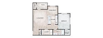 A floor plan of a house with a living room, dining room, kitchen, bedroom, bathroom, laundry, and patio.